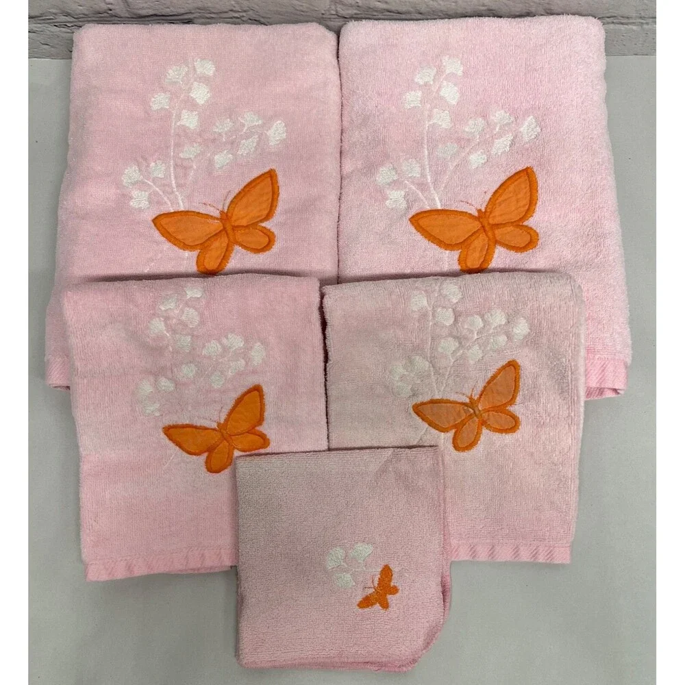 Vtg Fieldcrest Bath Towel Pink Orange Butterflies 1970’s 80’s Granny Chic